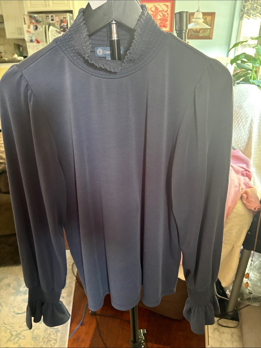 Democracy Navy Blue Ruffled Mock Neck Blouse